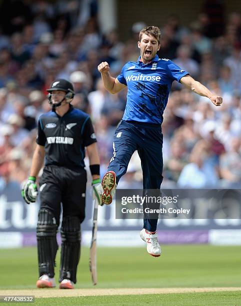 Mark Wood of England celebrates dismissing Brendon McCullum of New Zealand during the 4th ODI Royal London One-Day match between England and New...