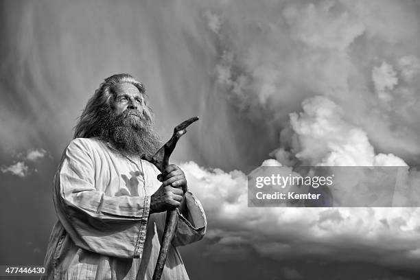long-haired prophet standing in front of dramatic sky - profet bildbanksfoton och bilder