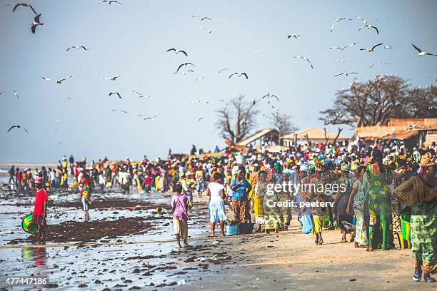 crowded west african fish market at the beach. - west africa stock pictures, royalty-free photos & images