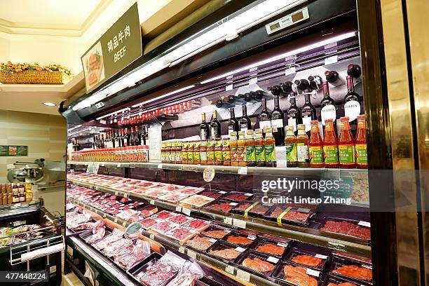 Packs of beef imported from Australia are displayed for sale at supermarkets on June 17, 2015 in Beijing, China. China's Minister of Commerce Gao...