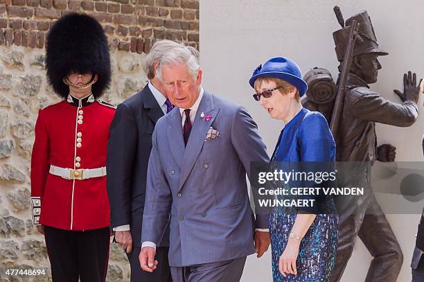 Britain's Prince Charles, Prince of Wales , speaks with British Ambassador to Belgium Alison Rose during the re-opening ceremony of Hougoumont Farm,...