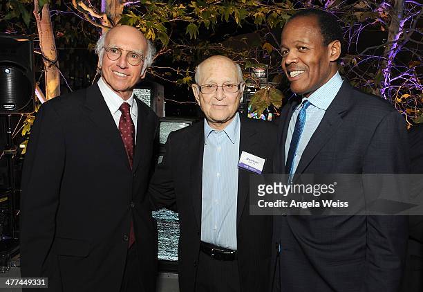 Actor Larry David, Norman Lear and M. Lee Pelton attend the Emerson College Los Angeles - Grand Opening Gala on March 8, 2014 in Los Angeles,...