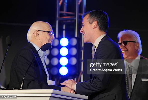 Norman Lear and Los Angeles Mayor Eric Garcetti attend the Emerson College Los Angeles - Grand Opening Gala on March 8, 2014 in Los Angeles,...