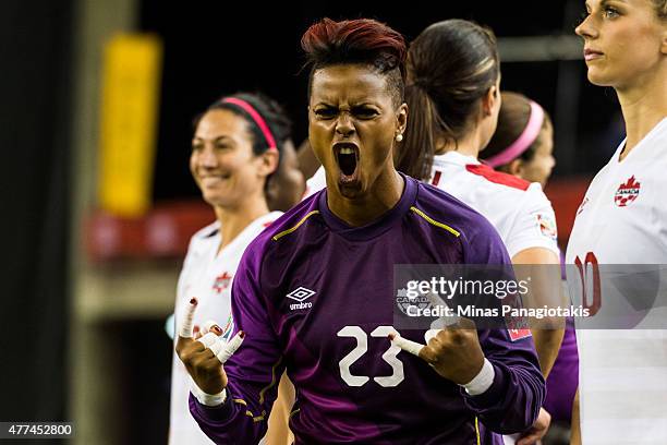 Karina LeBlanc of Canada is pumped during the 2015 FIFA Women's World Cup Group A match against the Netherlands at Olympic Stadium on June 15, 2015...