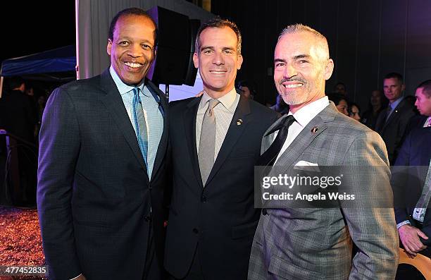 Lee Pelton, Los Angeles Mayor Eric Garcetti and council member Mitchell Farrell attend the Emerson College Los Angeles - Grand Opening Gala on March...