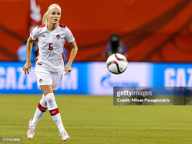 Kaylyn Kyle of Canada watches the ball during the 2015 FIFA Women's World Cup Group A match against the Netherlands at Olympic Stadium on June 15,...