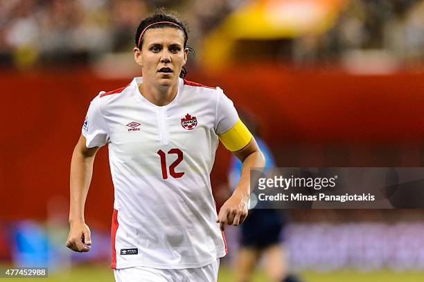 Christine Sinclair of Canada runs during the 2015 FIFA Women's World Cup Group A match against the Netherlands at Olympic Stadium on June 15, 2015 in...