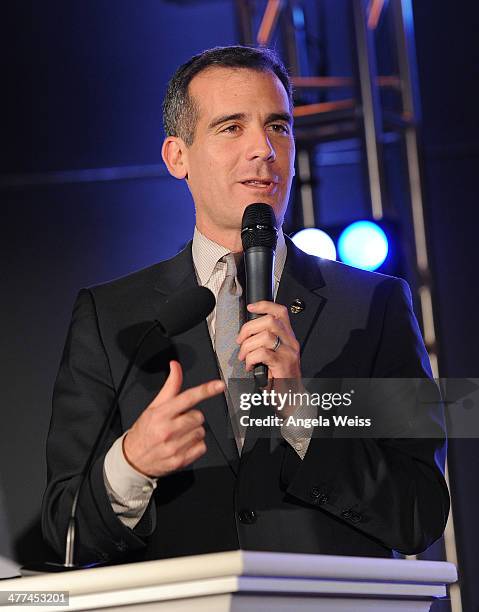 Los Angeles Mayor Eric Garcetti speaks at the Emerson College Los Angeles - Grand Opening Gala on March 8, 2014 in Los Angeles, California.