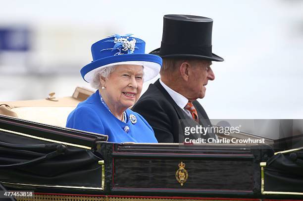 Queen Elizabeth II and Prince Philip, Duke of Edinburgh during the Royal Procession on day 2 of Royal Ascot 2015 at Ascot racecourse on June 17, 2015...