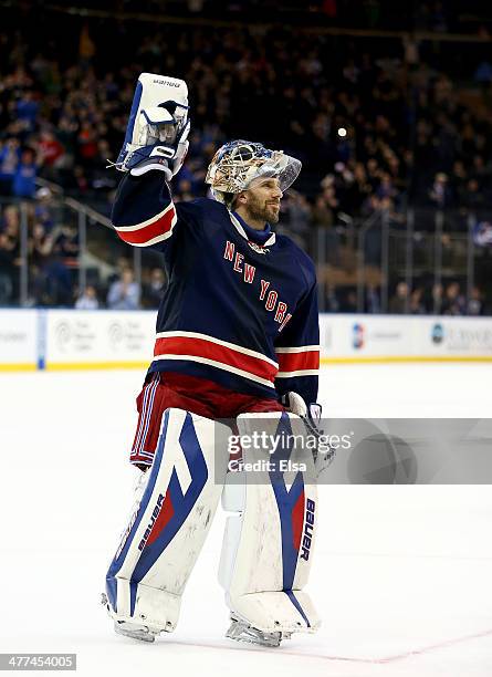 Henrik Lundqvist of the New York Rangers celebrates his shut out after the game against the Detroit Red Wings at Madison Square Garden on March 9,...