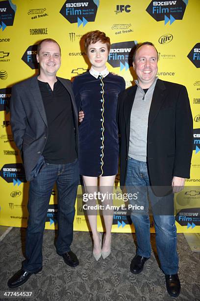 Writer/director Mike Flanagan, actress Karen Gillan and producer Trevor Macy attend the "Oculus" Photo Op during the 2014 SXSW Music, Film +...