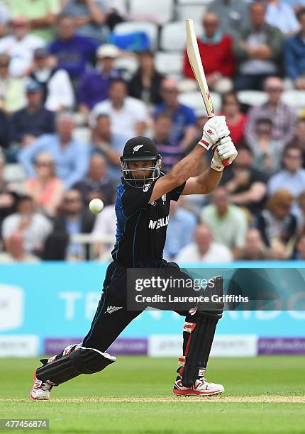 Grant Elliott of New Zealand hits out during the 4th ODI Royal London One-Day International between England and New Zealand at Trent Bridge on June...