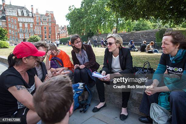 Stella Creasy, MP for Walthamstow, speaks to members of the public, outside the Houses of Parliament in Westminster on June 17, 2015 in London,...