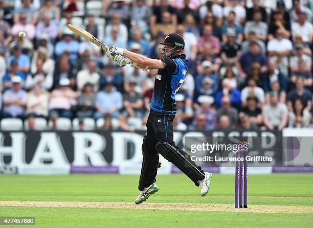 Mitchell Santner of New Zealand hits out during the 4th ODI Royal London One-Day International between England and New Zealand at Trent Bridge on...