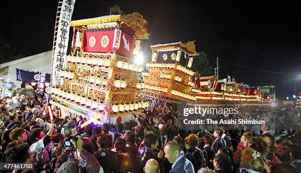 Illuminated floats line up during the Saijo Festival on October 16, 2011 in Saijo, Ehime, Japan.