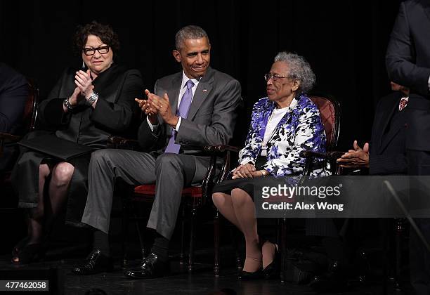 Supreme Court Justice Sonia Sotomayor , President Barack Obama applaud as Lorine Lynch , mother of Attorney General Loretta Lynch, is acknowledged...