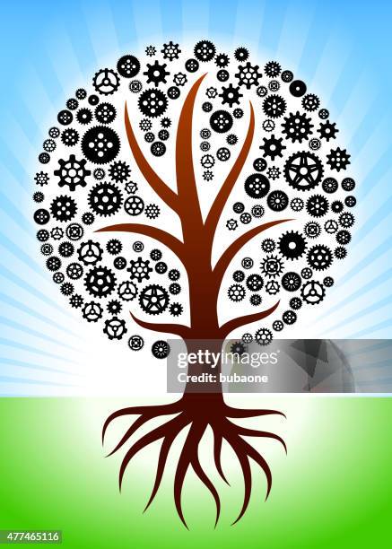 tree with roots gears and pinions pattern. - difference engine stock illustrations