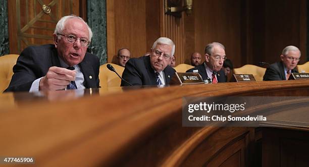 Senate Budget Committee ranking member and presidential candidate U.S. Sen. Bernie Sanders delivers opening remarks duing a committee hearing with...