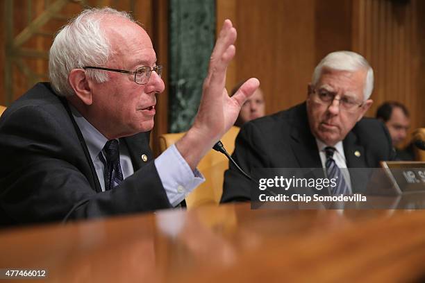 Senate Budget Committee ranking member and presidential candidate U.S. Sen. Bernie Sanders delivers opening remarks duing a committee hearing with...