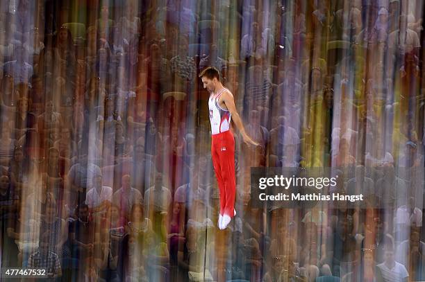 Nicolas Schori of Switzerland competes in the Men's Gymnastics Trampoline Individual Qualification during day five of the Baku 2015 European Games at...