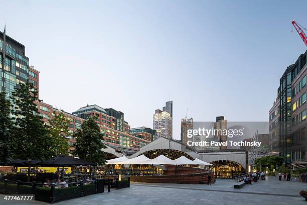 city of london from across liverpool st station - biergarten stock-fotos und bilder