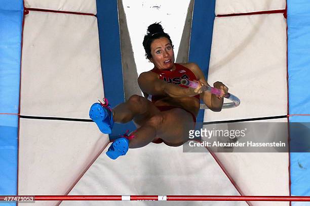 Jennifer Suhr of USA competes during the Women's Pole Vault final during day three of the IAAF World Indoor Championships at Ergo Arena on March 9,...