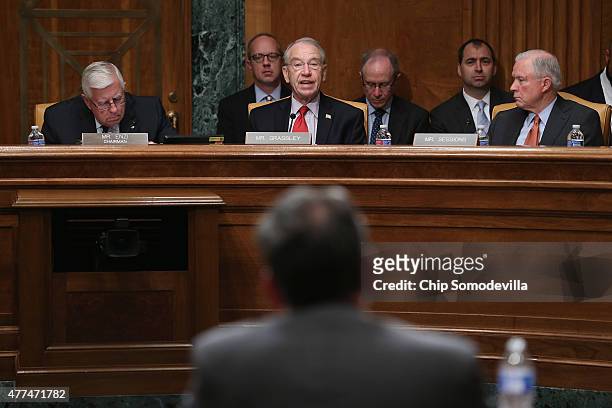 Senate Budget Committee members Chairman Mike Enzi , Sen. Chuck Grassley and Sen. Jeff Sessions question Congressional Budget Office Director Keith...