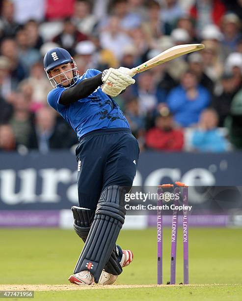 Alex Hales of England is bowled by Matt Henry of New Zealand during the 4th ODI Royal London One-Day match between England and New Zealand at Trent...