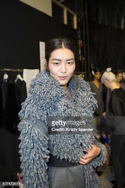 Model poses backstage prior to the Viktor&Rolf show as part of Paris Fashion Week Womenswear Fall/Winter 2014-2015 on March 1, 2014 in Paris, France.
