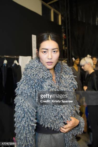 Model poses backstage prior to the Viktor&Rolf show as part of the Paris Fashion Week Womenswear Fall/Winter 2014-2015 on March 1, 2014 in Paris,...