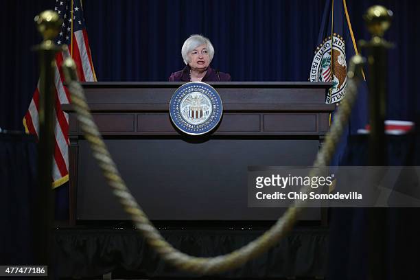 Federal Reserve Bank Chair Janet Yellen holds a news conference following a meeting of the Federal Open Market Committee at the Fed June 17, 2015 in...