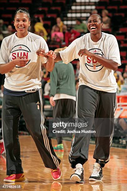 Members of the Connecticut Sun warm up before a game against the Seattle Storm on June 16, 2015 at Key Arena in Seattle, Washington. NOTE TO USER:...