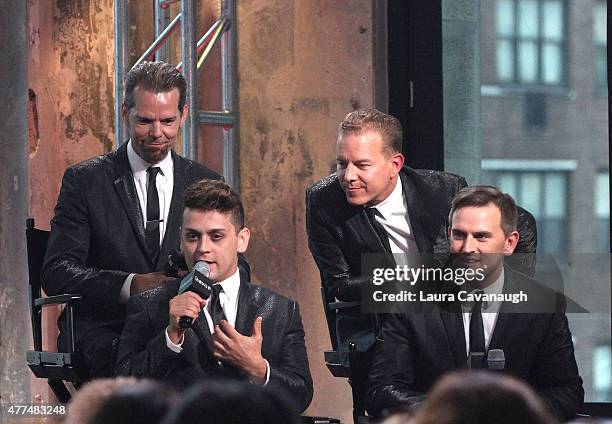 Robert Spencer, Christian Hoff, Daniel Reichard and Michael Longoria of The Midtown Men attend AOL Build Speaker Series at AOL Studios In New York on...