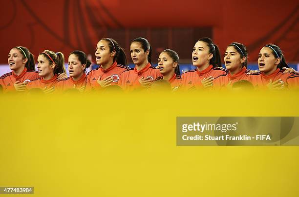 The team of Colombia lines up during the FIFA Womens's World Cup Group F match between England and Colombia at Olympic Stadium on June 17, 2015 in...