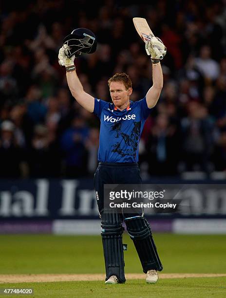 England captain Eoin Morgan celebrates reaching his century during the 4th ODI Royal London One-Day match between England and New Zealand at Trent...