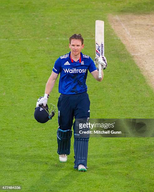 Eoin Morgan of England celebrates scoring a century during the fourth ODI Royal London One-Day Series 2015 between England and New Zealand at Trent...