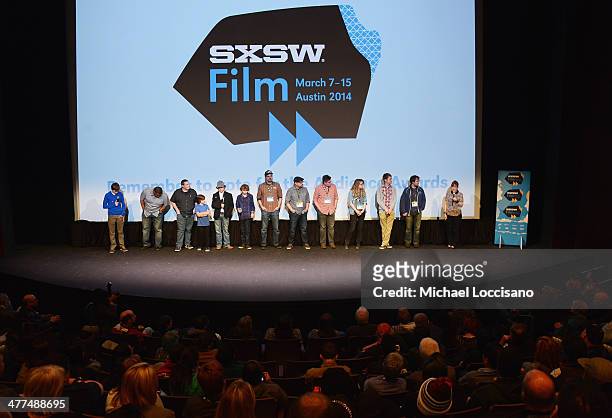 Cast and crew take part in a Q&A following the "Hellion" premiere during the 2014 SXSW Music, Film + Interactive Festival at the Topfer Theatre at...