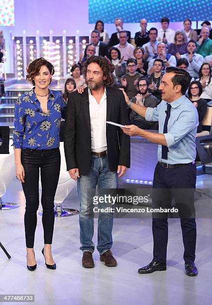 Luisa Ranieri, Alessio Boni and Nicola Savino attend at 'Quelli Che Il Calcio' TV Show on March 9, 2014 in Milan, Italy.