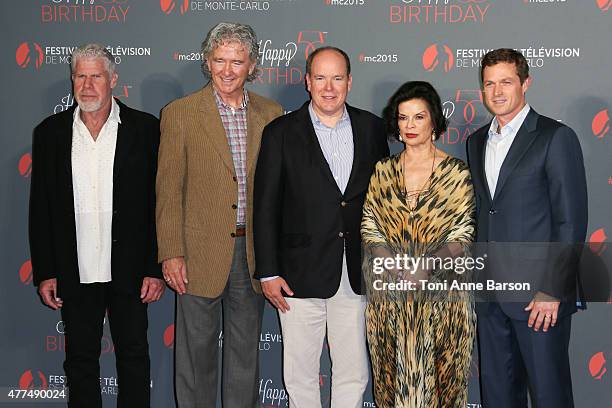 Ron Perlman, Patrick Duffy, Prince Albert II of Monaco, Bianca Jagger and Eric Close attend the 55th Anniversary Party at the Monte Carlo Beach on...