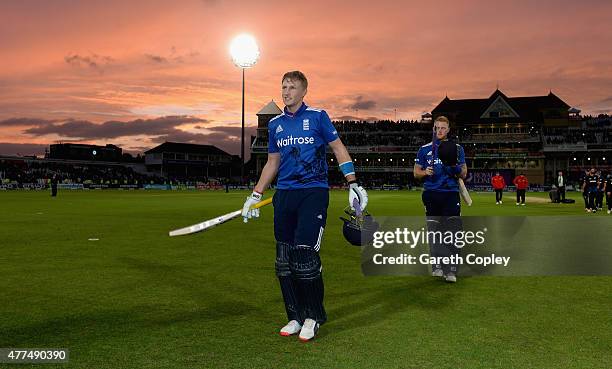 Joe Root of England celebrates winning the 4th ODI Royal London One-Day match between England and New Zealand at Trent Bridge on June 17, 2015 in...