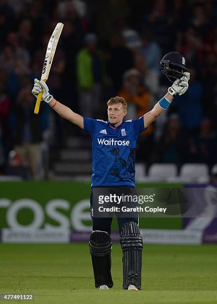 Joe Root of England celebrates reaching his century during the 4th ODI Royal London One-Day match between England and New Zealand at Trent Bridge on...