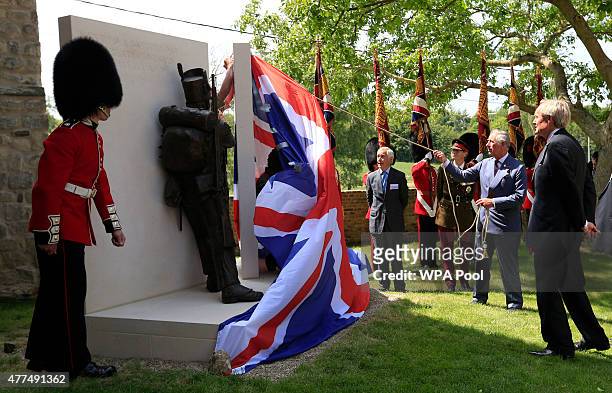Prince Charles, Prince of Wales and Charles Wellesley, The 9th Duke of Wellington reveil a new artwork during a ceremony held at Hougoumont Farm to...