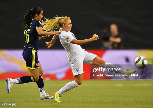 Alex Greenwood of England is challenged by Lady Andrade of Colombia during the FIFA Womens's World Cup Group F match between England and Colombia at...