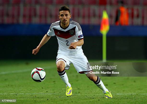 Julian Korb of Germany runs with the ball during the UEFA European Under-21 Group A match between Germany and Serbia at Letna Stadium on June 17,...