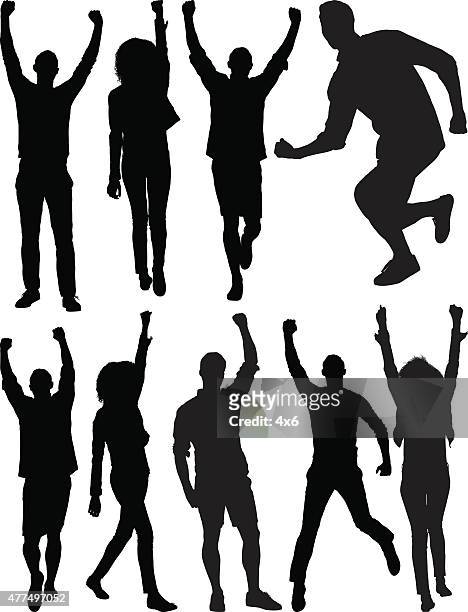 casual people cheering - woman leaping silhouette stock illustrations
