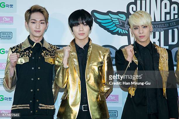 Onew, Taemin and Jonghyun of South Korean boy band SHINee attend the "SHINee World III" press conference on March 9, 2014 in Seoul, South Korea.