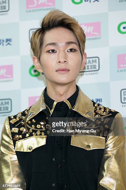 Onew of South Korean boy band SHINee attends the "SHINee World III" press conference on March 9, 2014 in Seoul, South Korea.