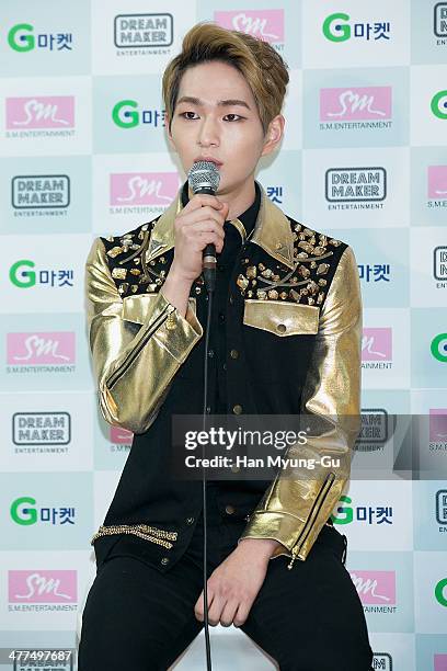 Onew of South Korean boy band SHINee attends the "SHINee World III" press conference on March 9, 2014 in Seoul, South Korea.