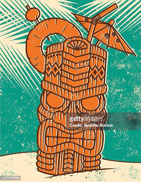 retro tropical tiki drink on the beach screen print - sand sculpture stock illustrations