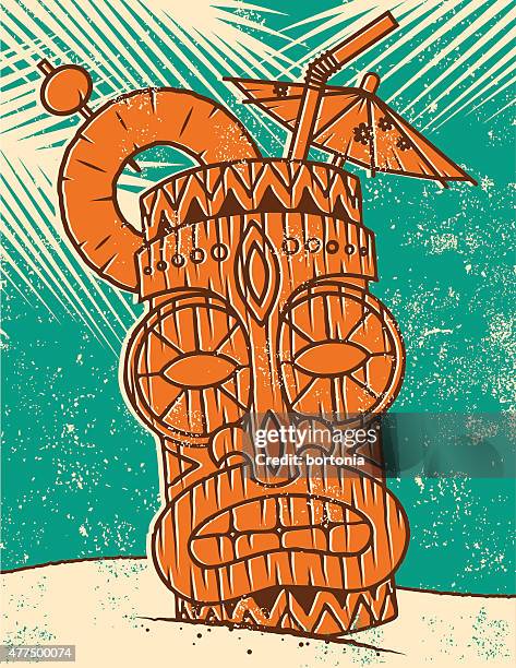 retro tropical tiki drink on the beach screen print - sand sculpture stock illustrations